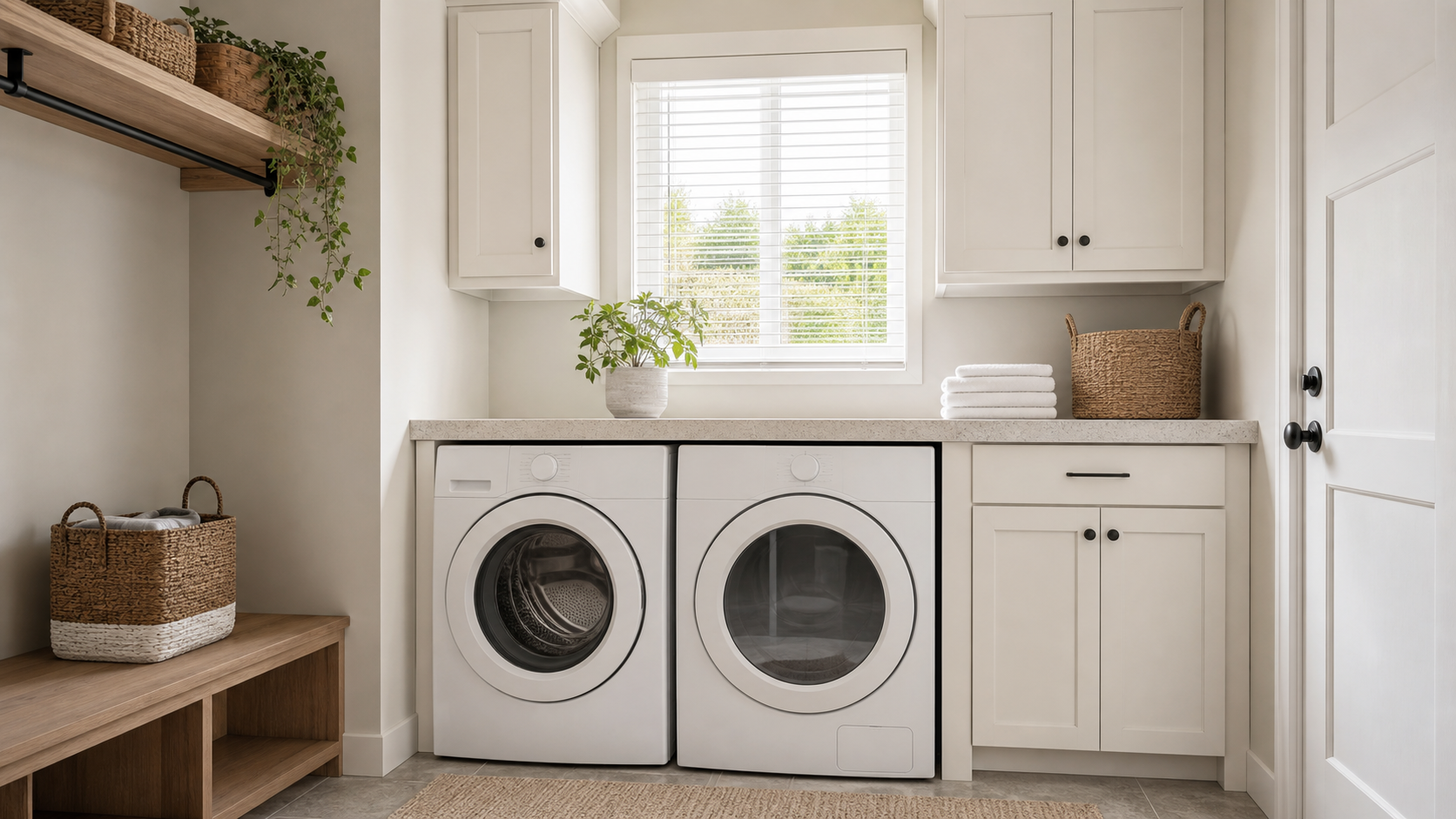 Modern Laundry Room with White Washer and Dryer
