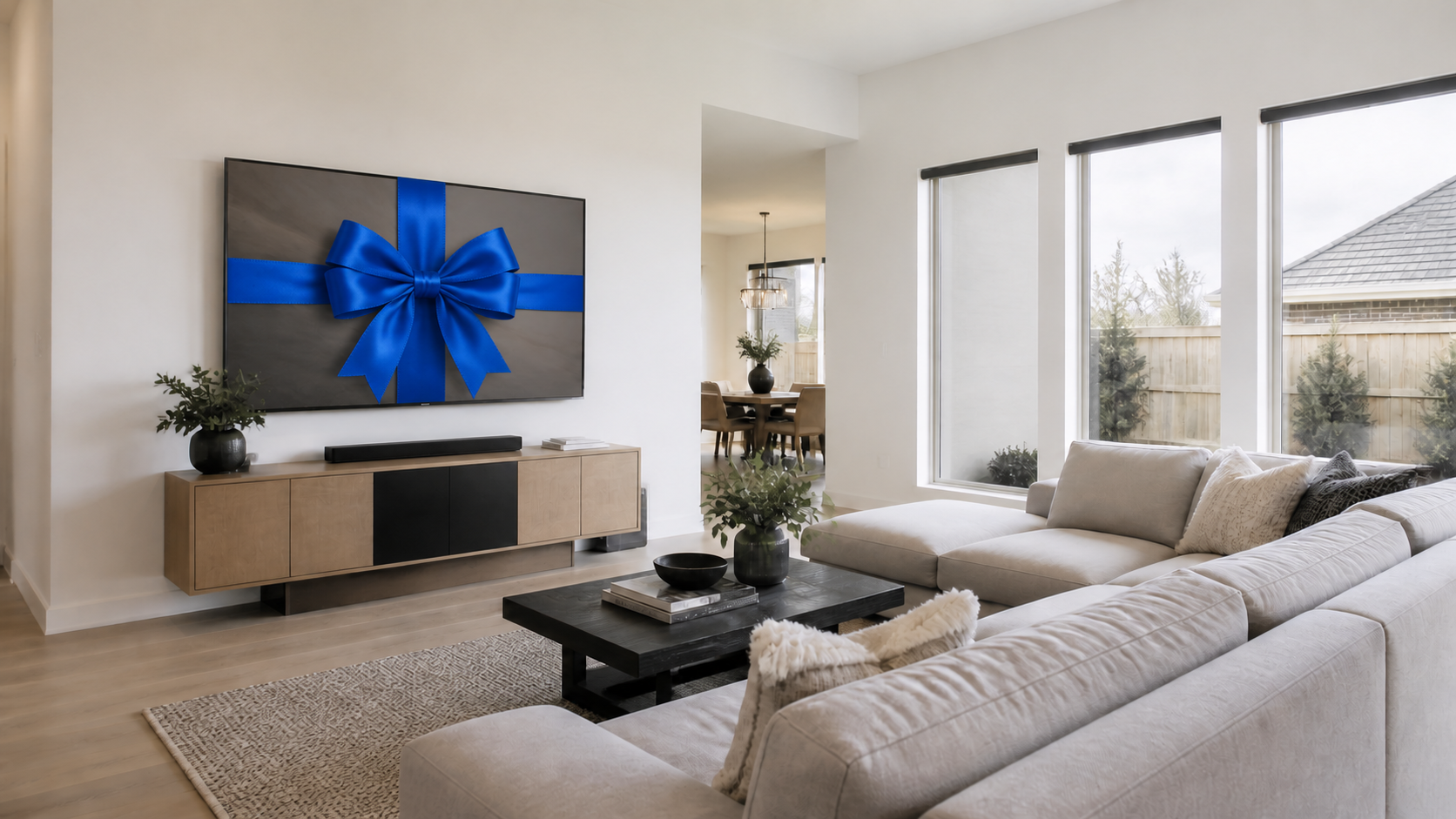 Modern Living Room with Blue Ribbon on TV